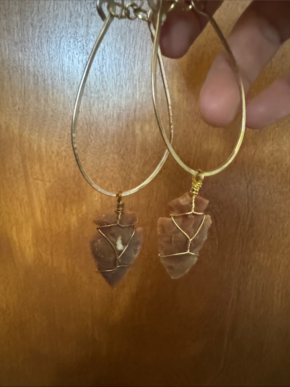 Gold Hoop Earrings with Brown Arrowhead Charms